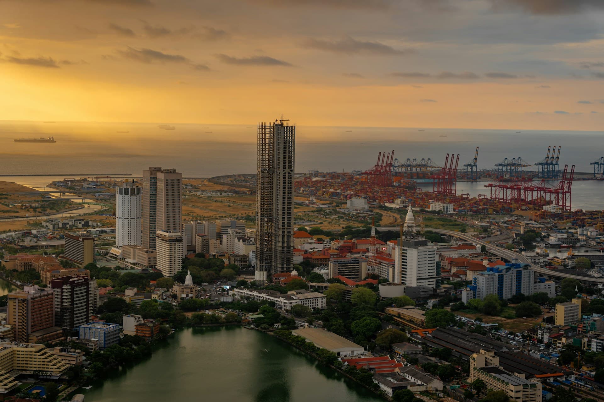 Colombo city and its port beside the Indian Ocean at sunset